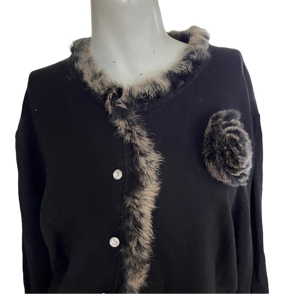 Laura Plus Black Cardigan Sweater 3X Rabbit Fur Trim & Fur Brooch Accent